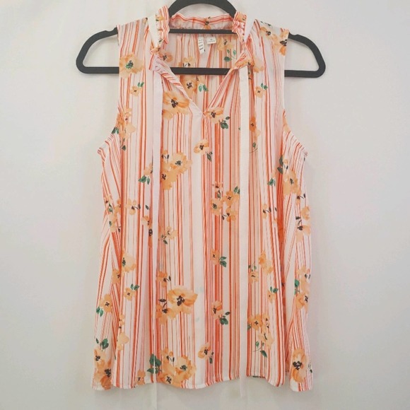 Elle semi sheer peach stripe & floral ruffle neck blouse medium - Picture 1 of 9